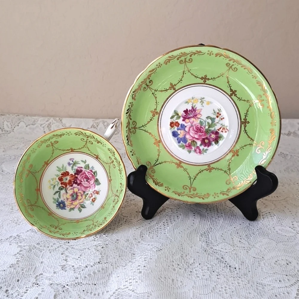 Vintage Grosvenor Jackson & Gosling Bone China Teacup Saucer Green Gold Floral
